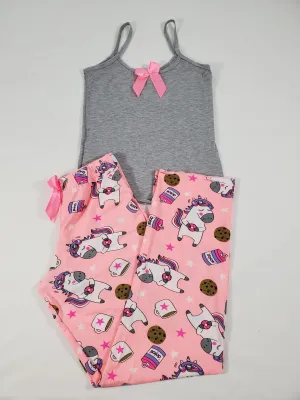 Women's Pajama set pink pants unicorns and cookies theme gray blouse