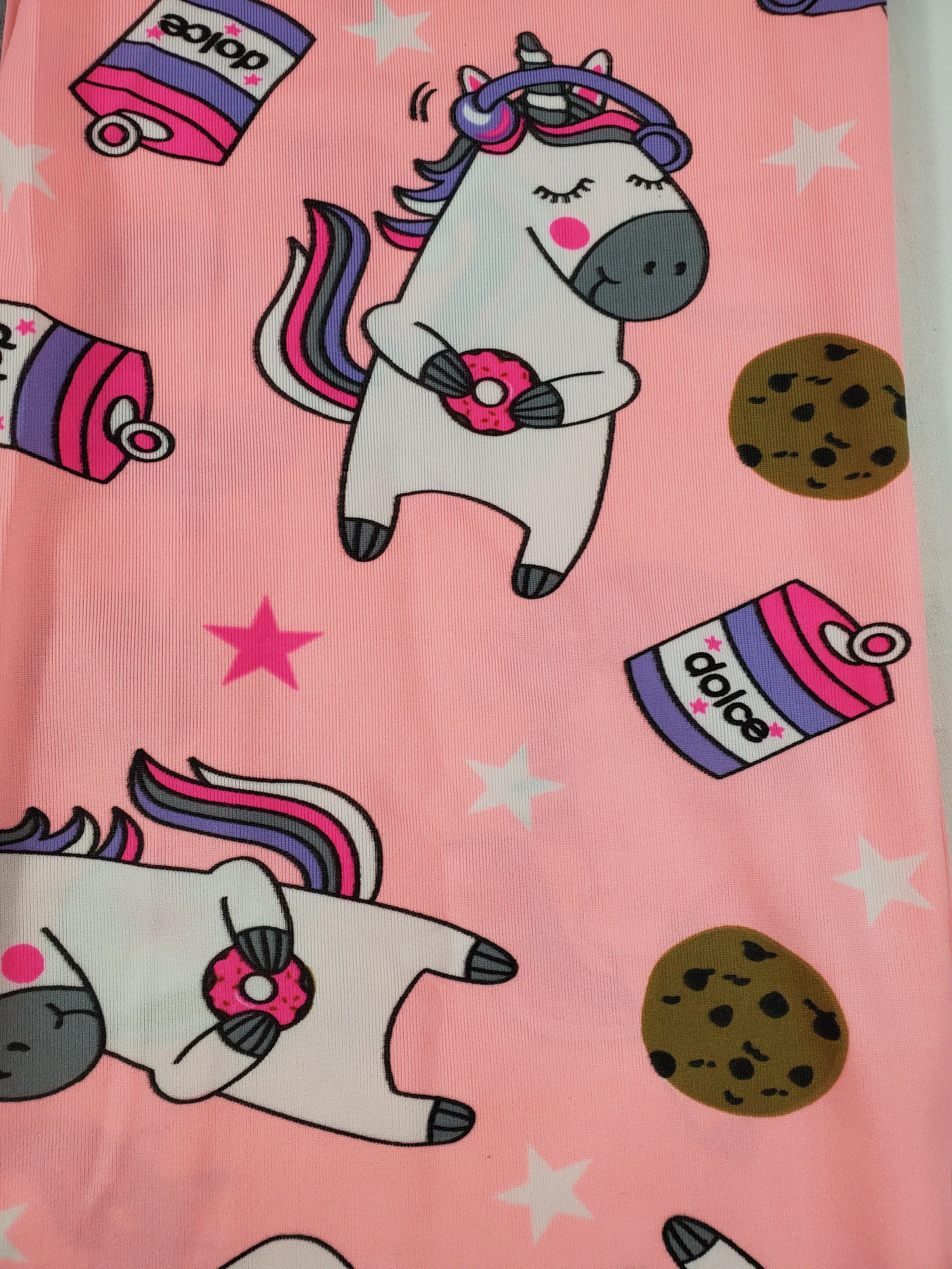 Women's Pajama set pink pants unicorns and cookies theme gray blouse