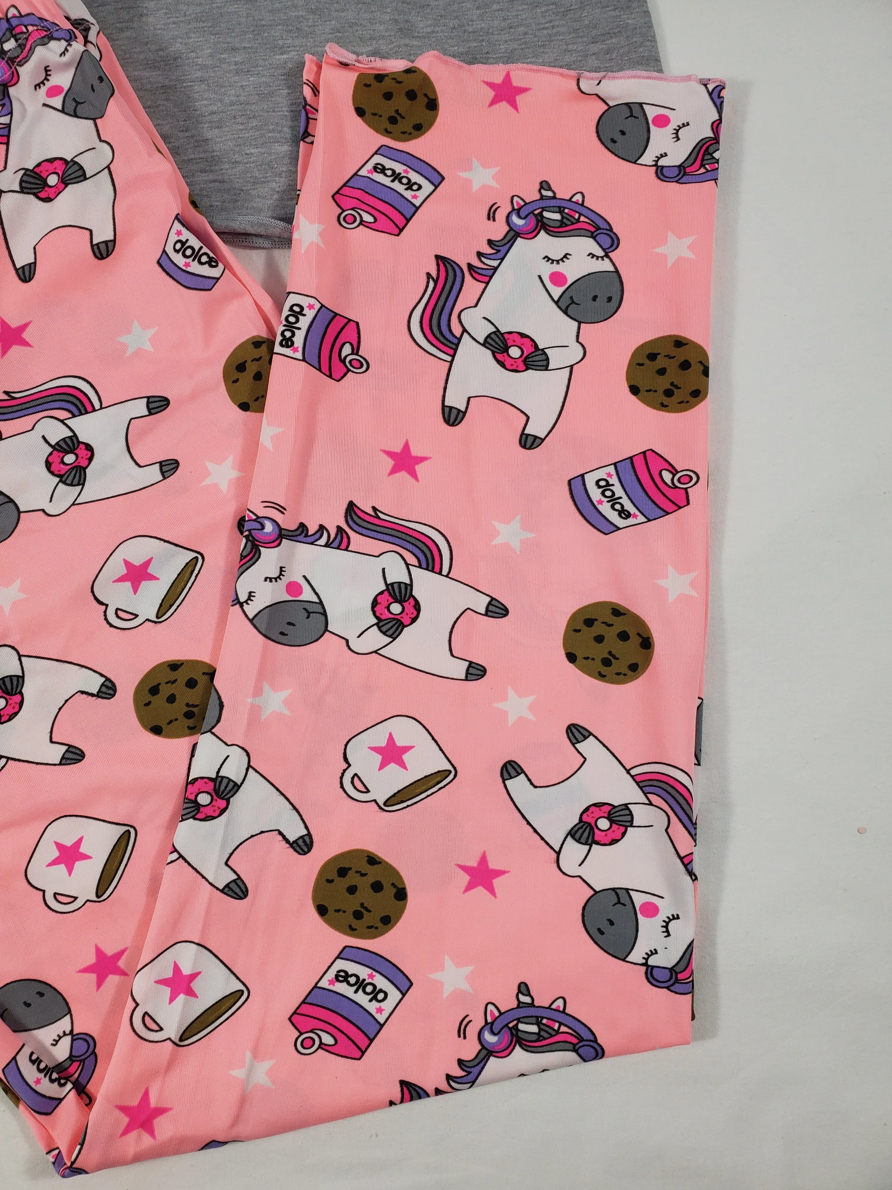 Women's Pajama set pink pants unicorns and cookies theme gray blouse