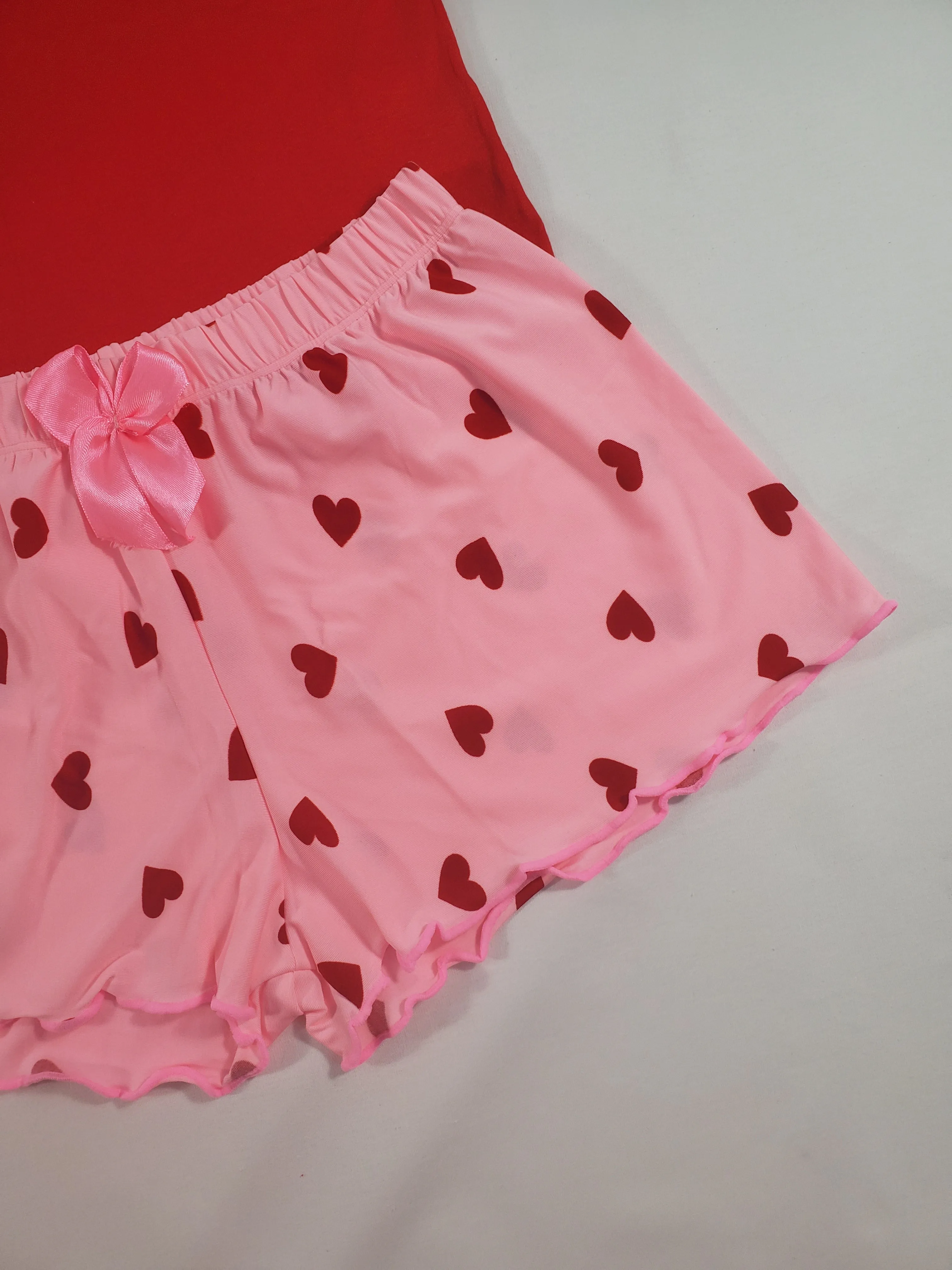 Women's Pajama set pink shorts red hearts theme red blouse