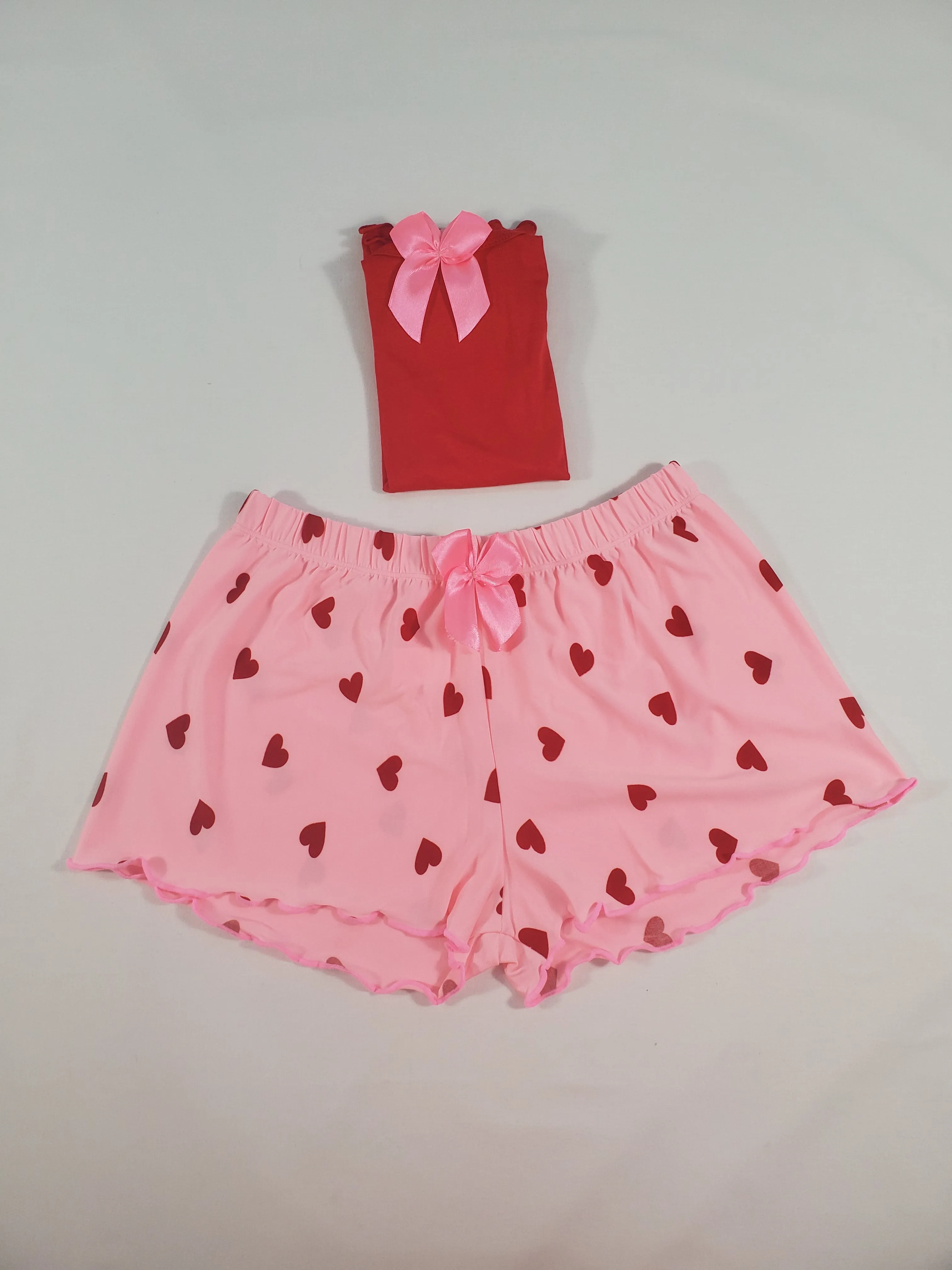 Women's Pajama set pink shorts red hearts theme red blouse