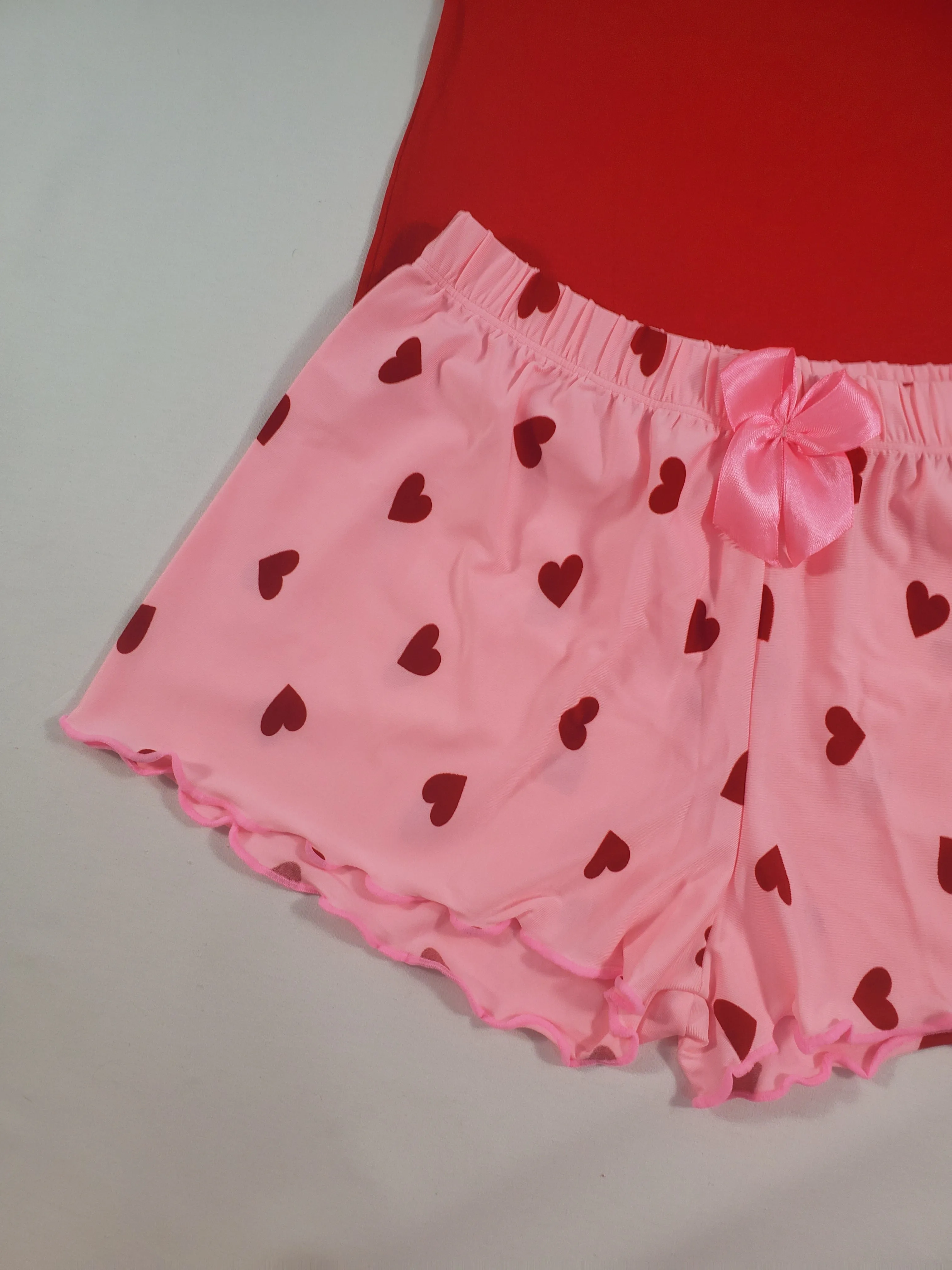 Women's Pajama set pink shorts red hearts theme red blouse