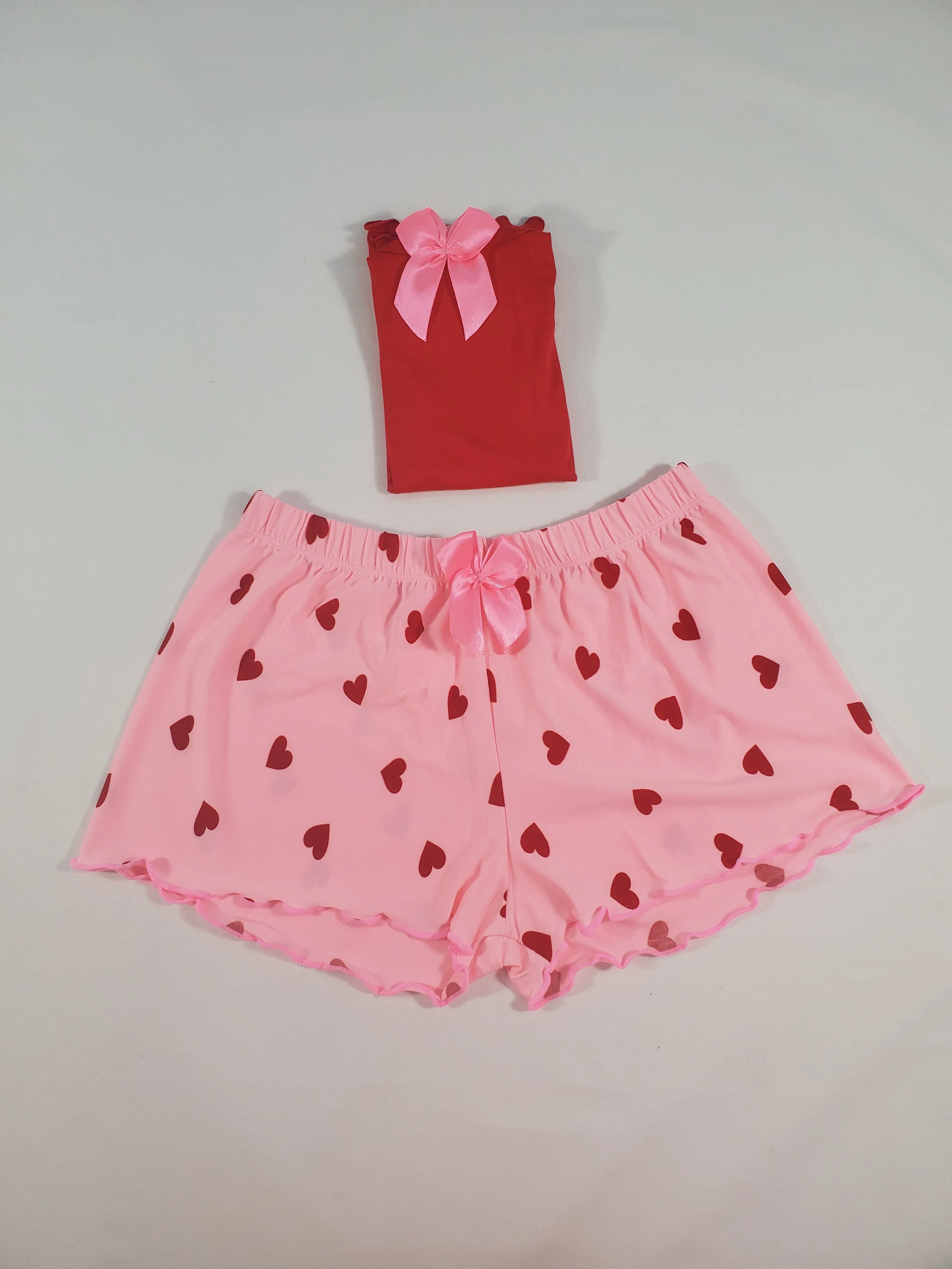 Women's Pajama set pink shorts red hearts theme red blouse