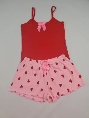 Women's Pajama set pink shorts red hearts theme red blouse