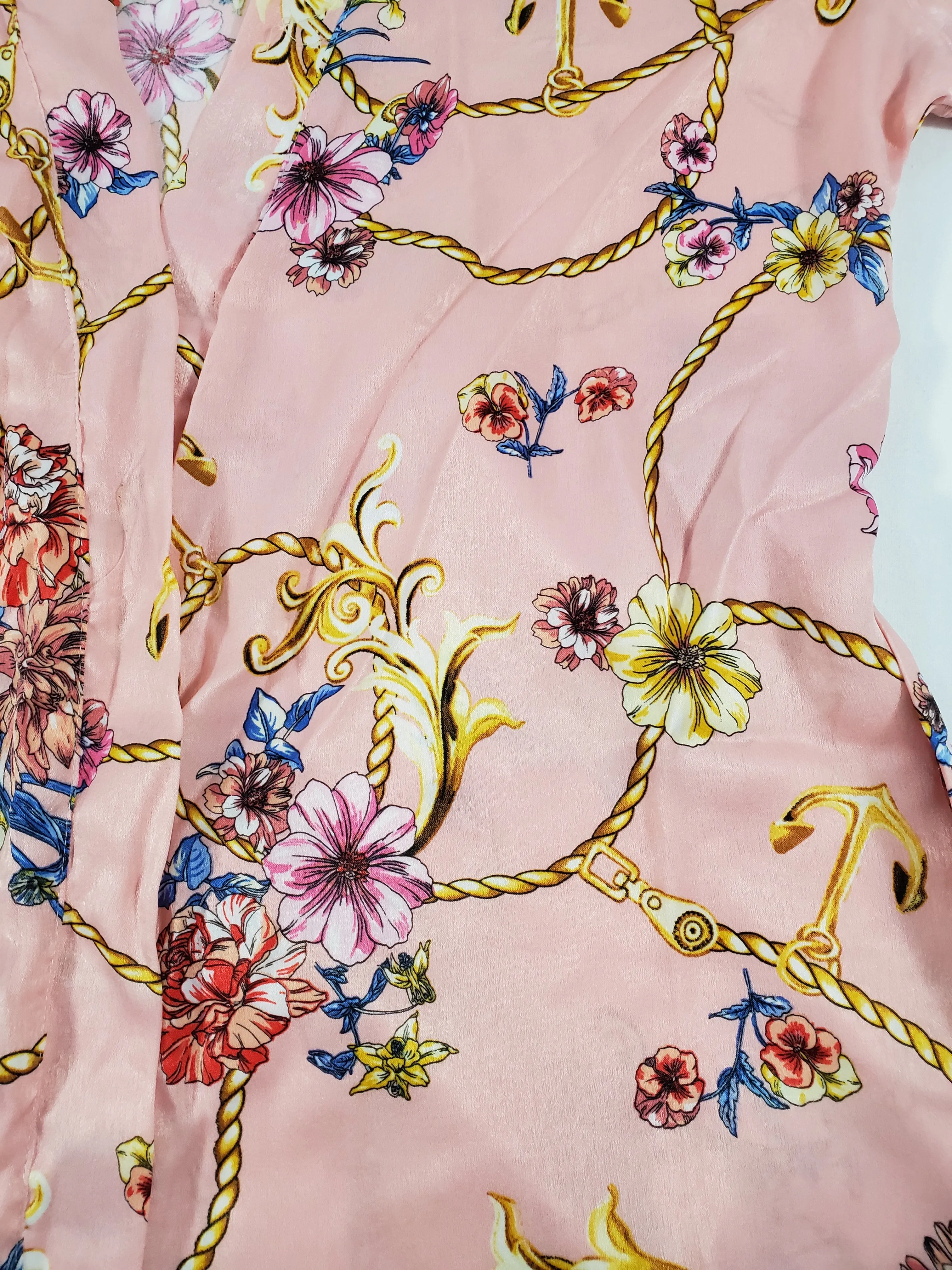 Women's Pink satin silk robe gold chain vines and colorful flowers theme