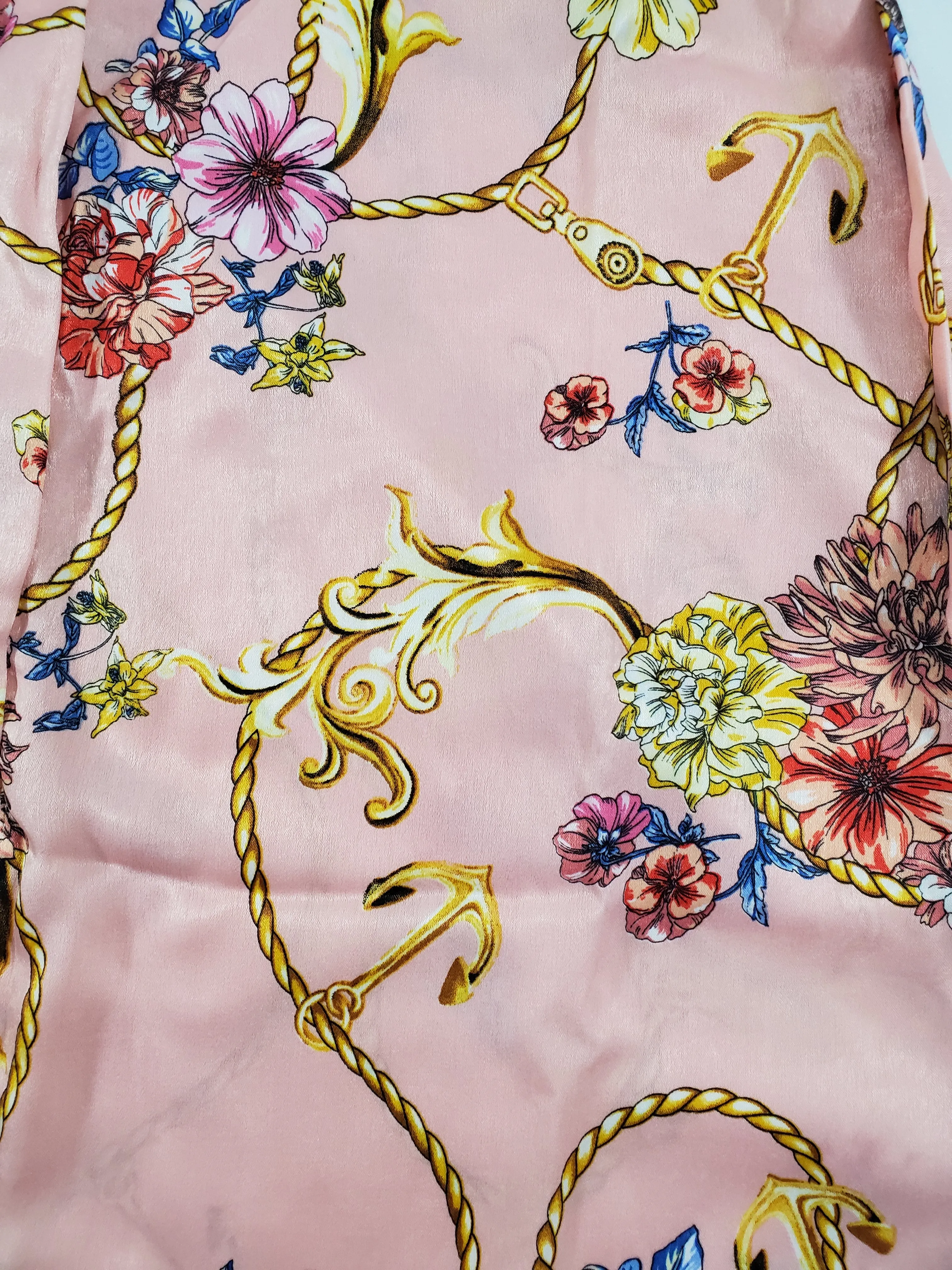 Women's Pink satin silk robe gold chain vines and colorful flowers theme