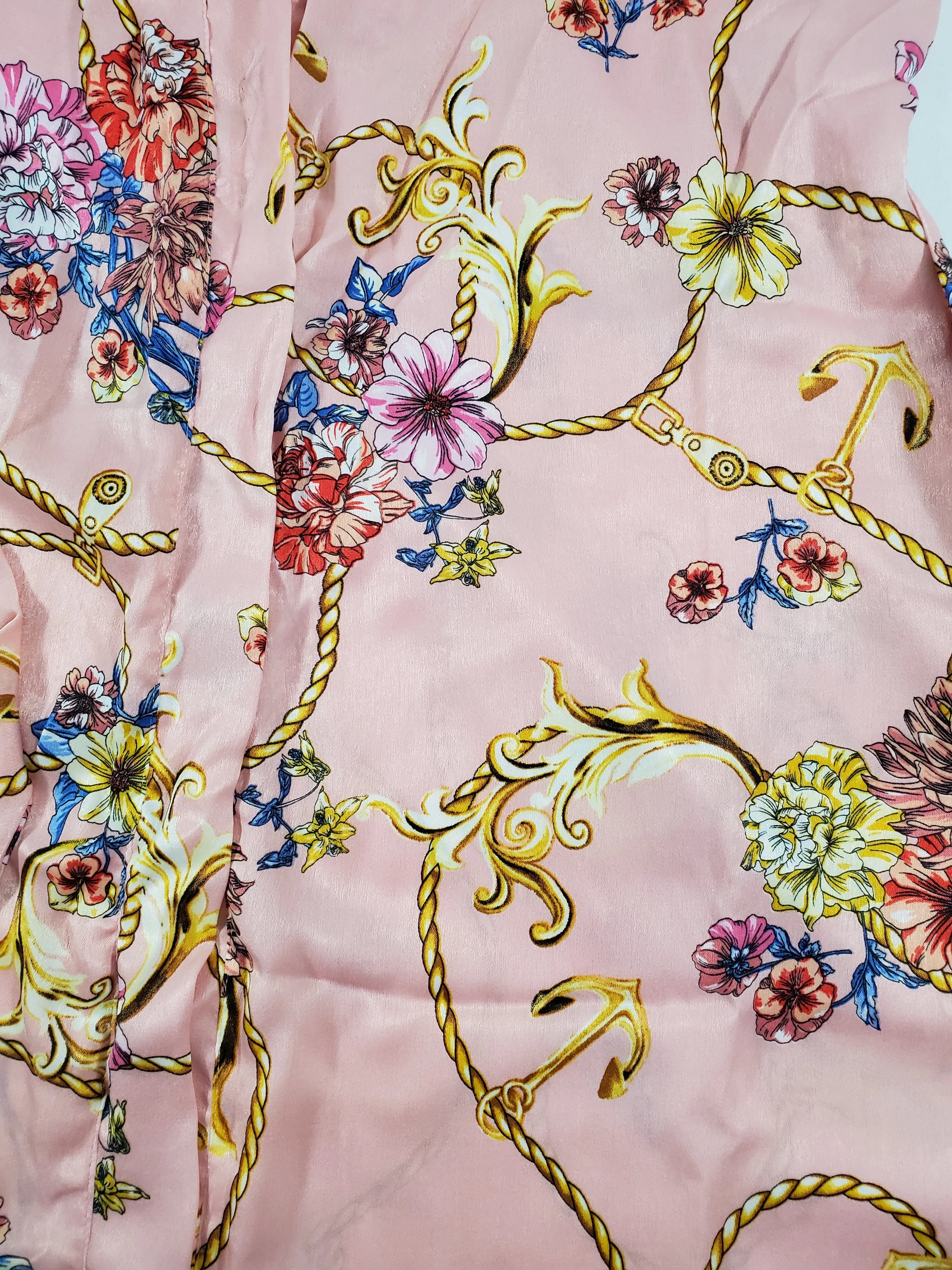 Women's Pink satin silk robe gold chain vines and colorful flowers theme