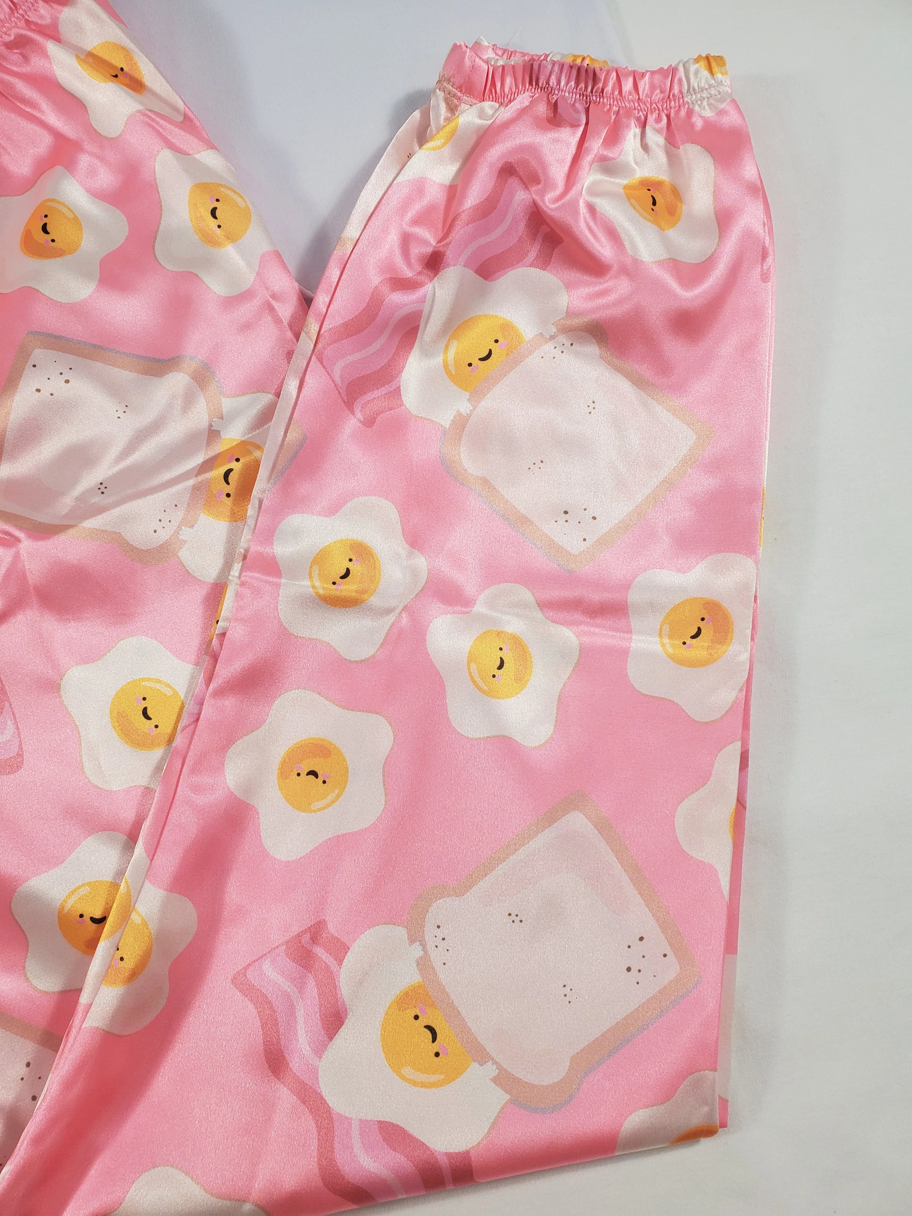 Women's Sexy pink satin pajama set fried eggs theme pants white blouse