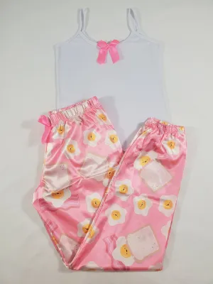 Women's Sexy pink satin pajama set fried eggs theme pants white blouse