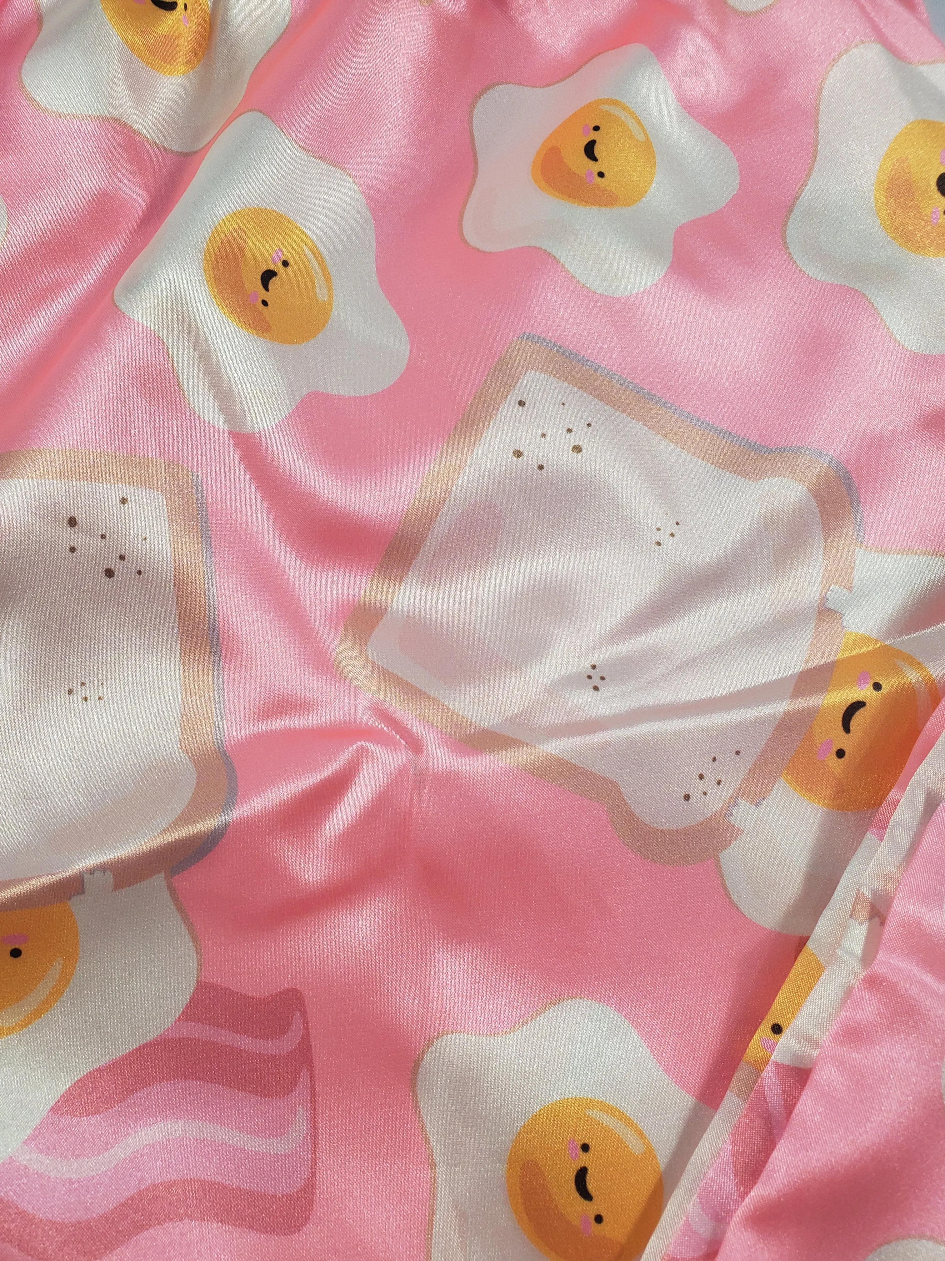 Women's Sexy pink satin pajama set fried eggs theme pants white blouse