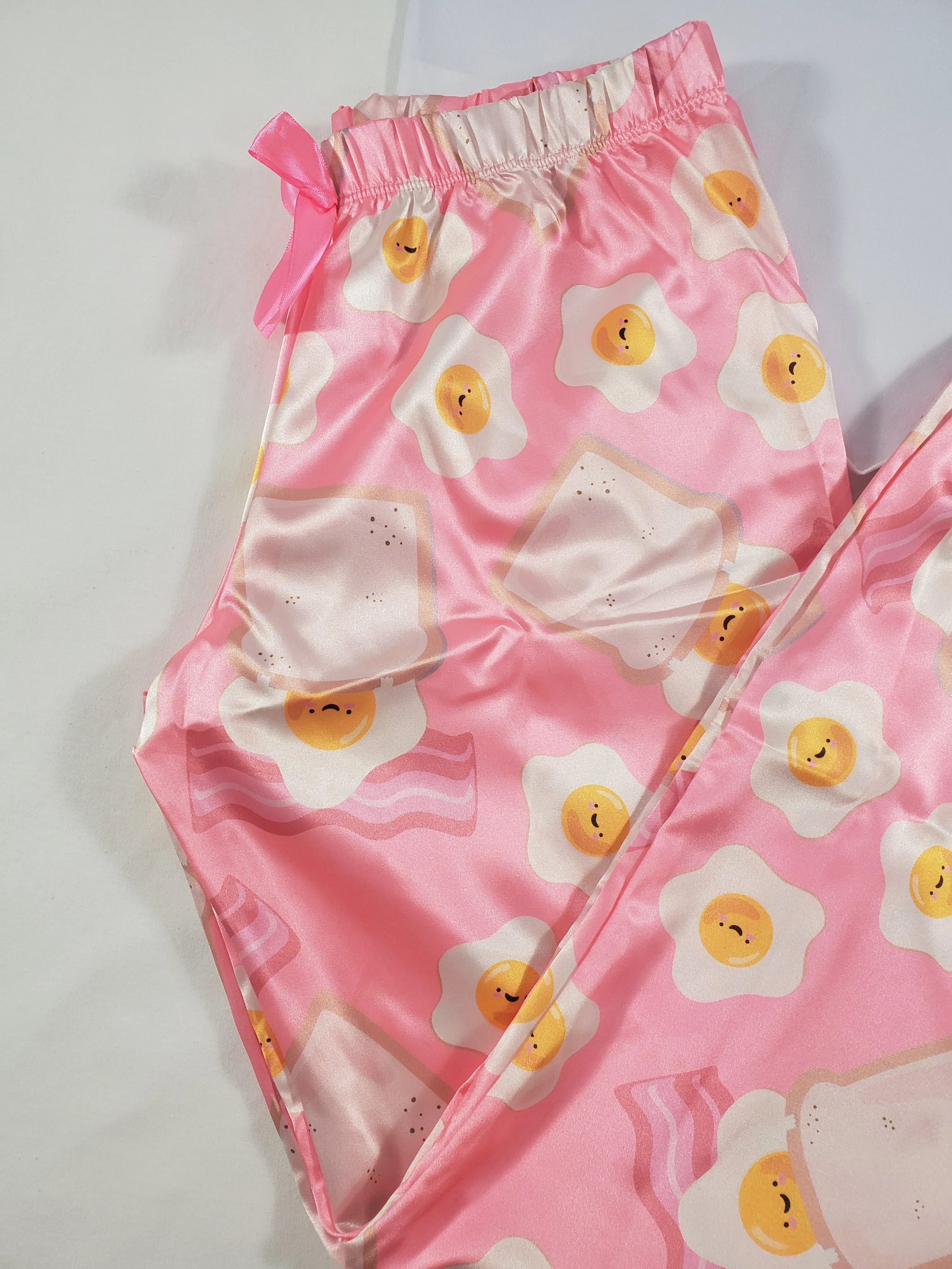 Women's Sexy pink satin pajama set fried eggs theme pants white blouse