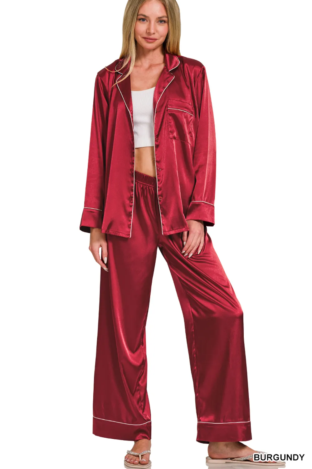 Zenana-Long Sleeve Satin Pajama Set